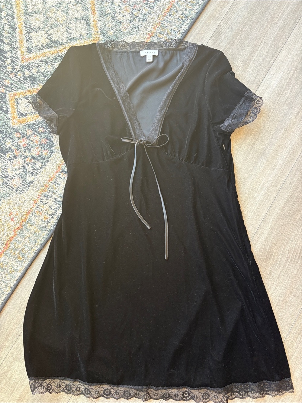 Topshop Black Velvet Lace Trim Short Sleeve Dress